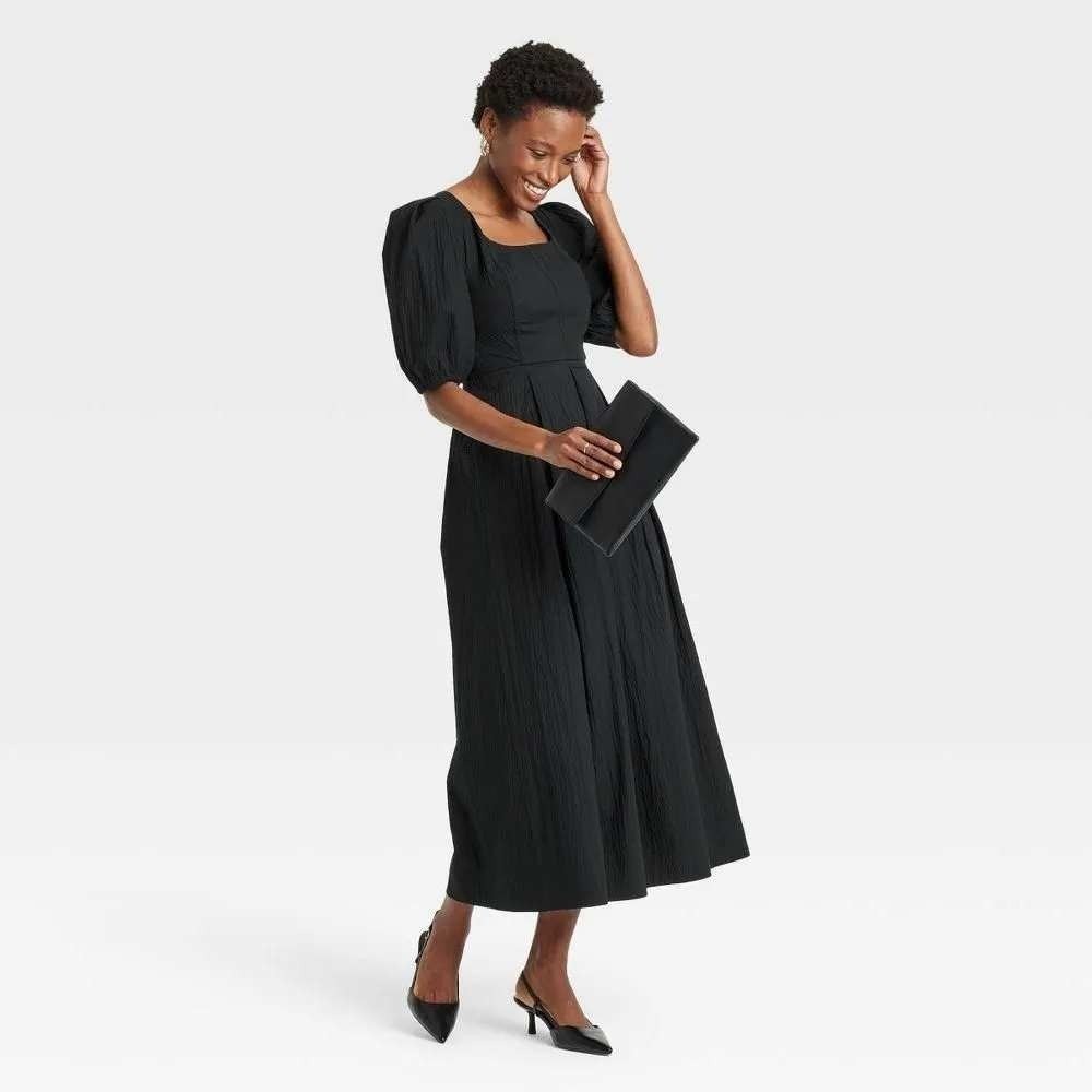 Black Milkmaid Square Neck Crinkle Puff Sleeve Maxi Dress Size Large Cottage